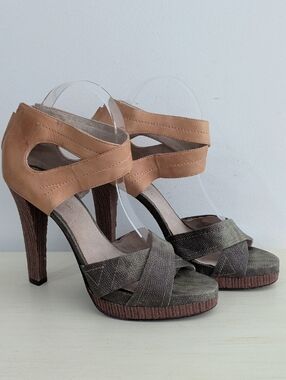 Elizabeth And James Camel And Green Leather Stiletto Sandals Size 8.5
